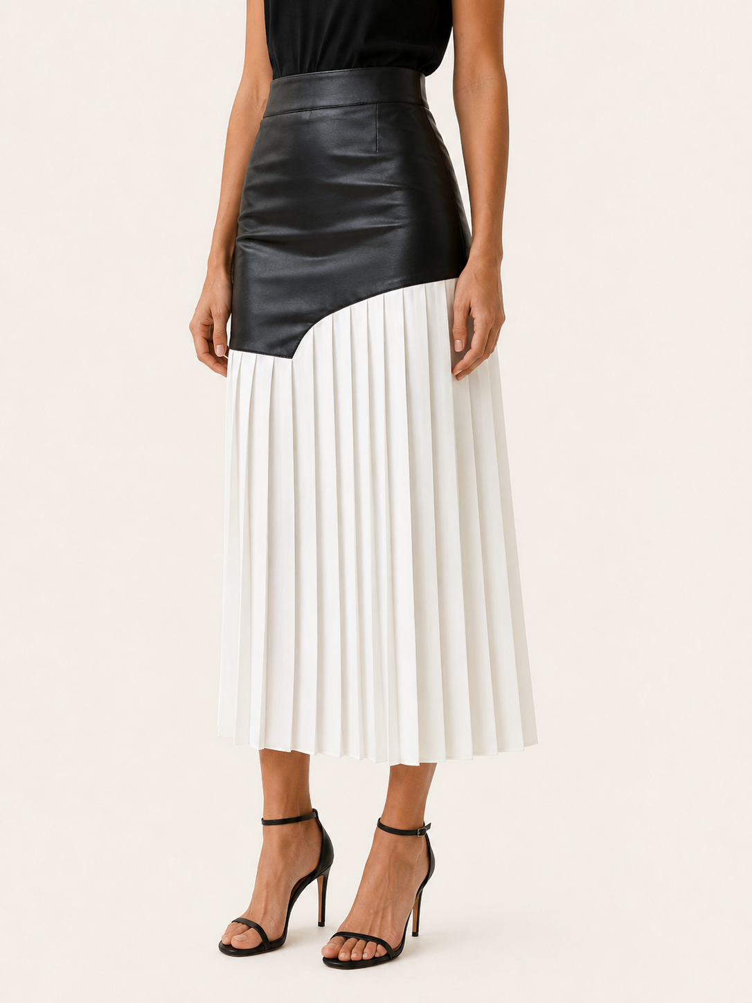 Evara | Asymmetrical Midi Skirt with Pleated Panel Faux Leather Look
