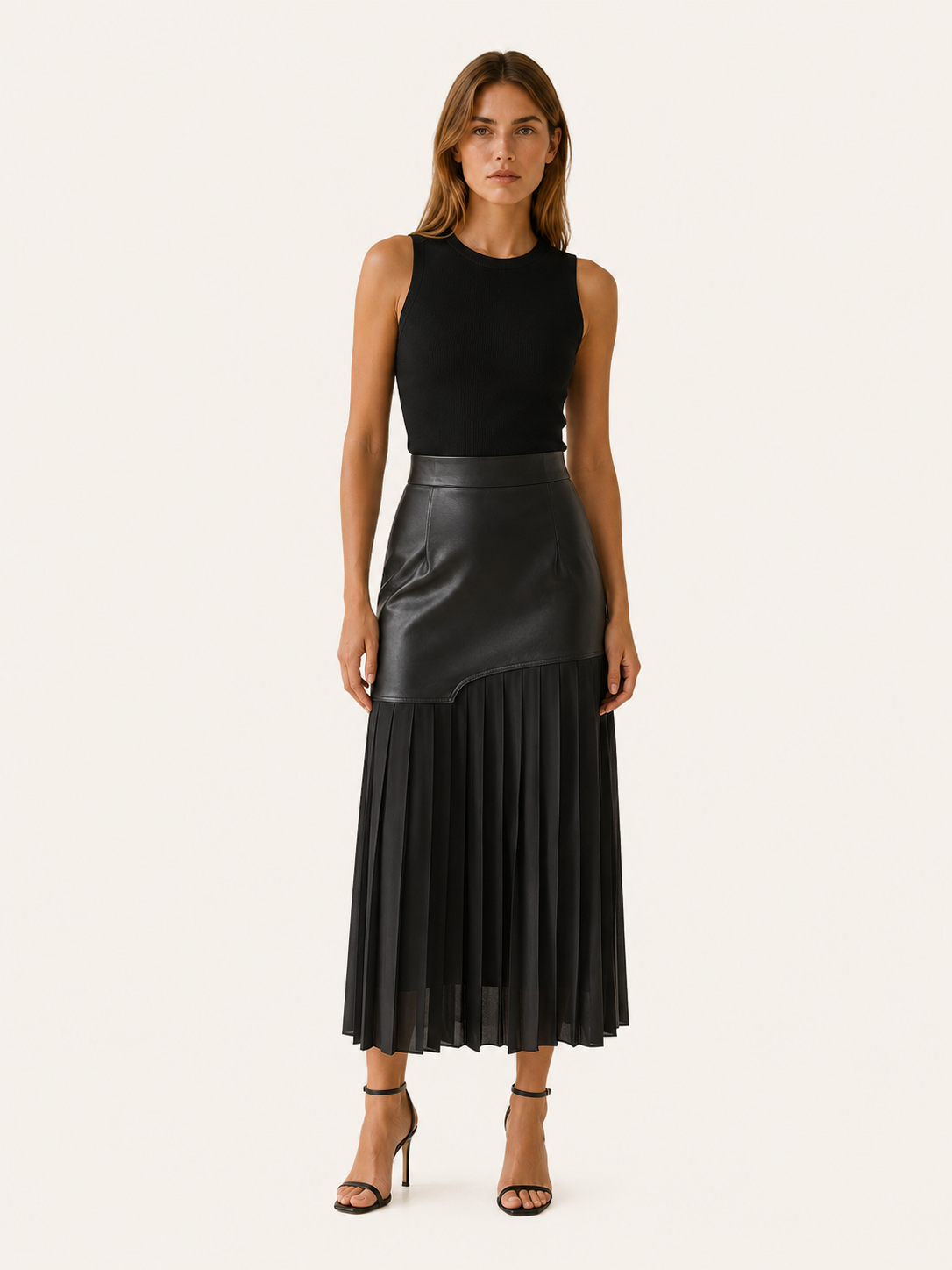 Evara | Asymmetrical Midi Skirt with Pleated Panel Faux Leather Look