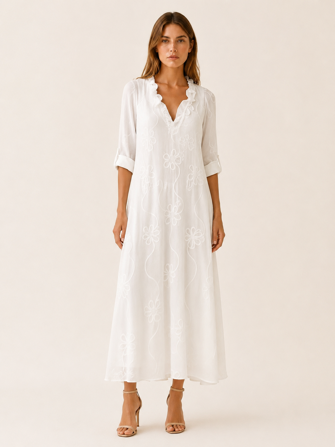 Evelia | Embroidered Maxi Dress with Ruffle Collar