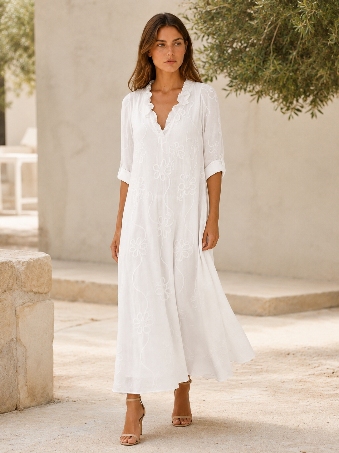 Evelia | Embroidered Maxi Dress with Ruffle Collar
