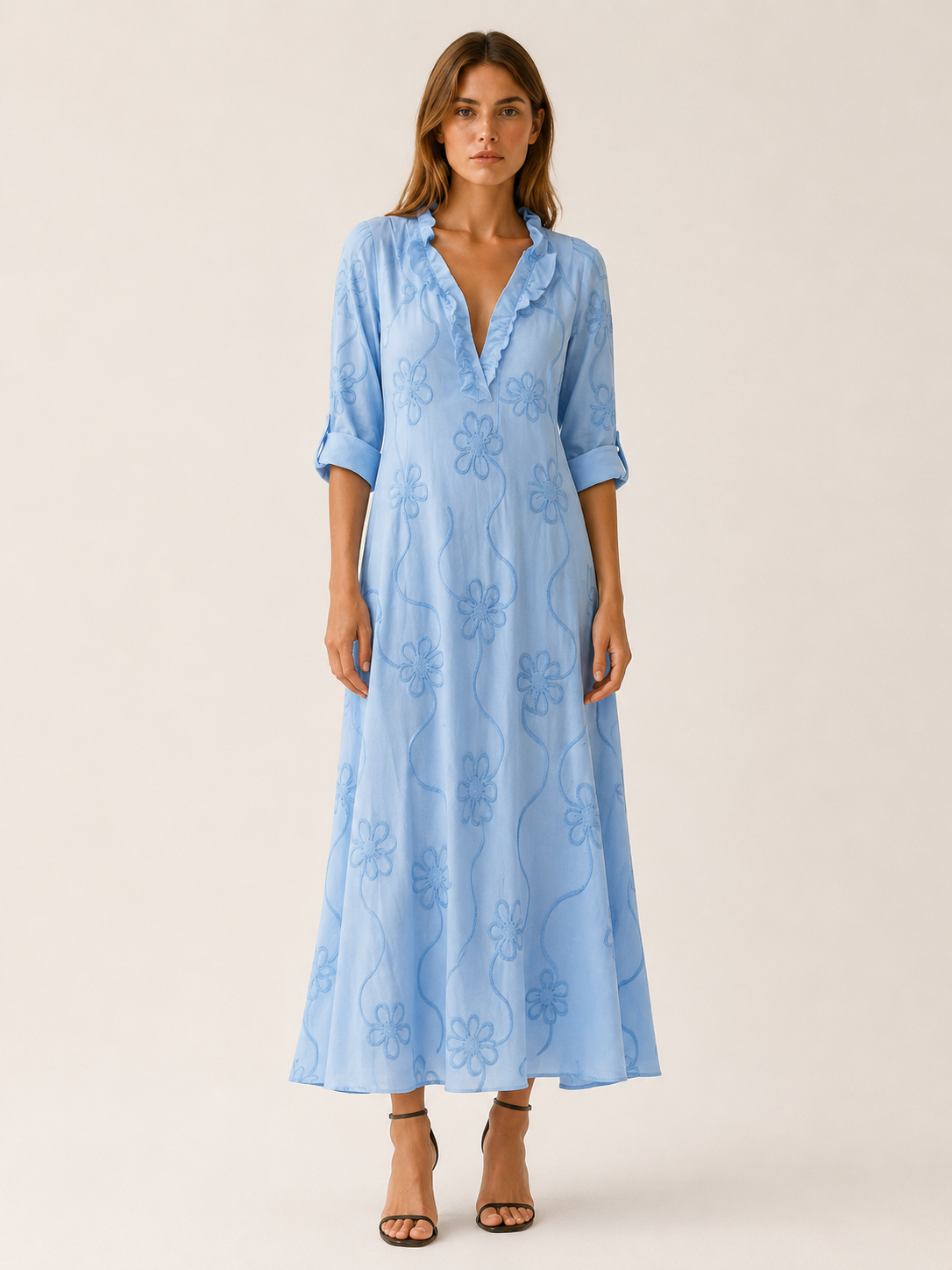 Evelia | Embroidered Maxi Dress with Ruffle Collar