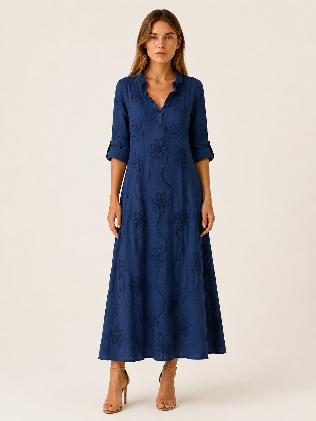 Evelia | Embroidered Maxi Dress with Ruffle Collar
