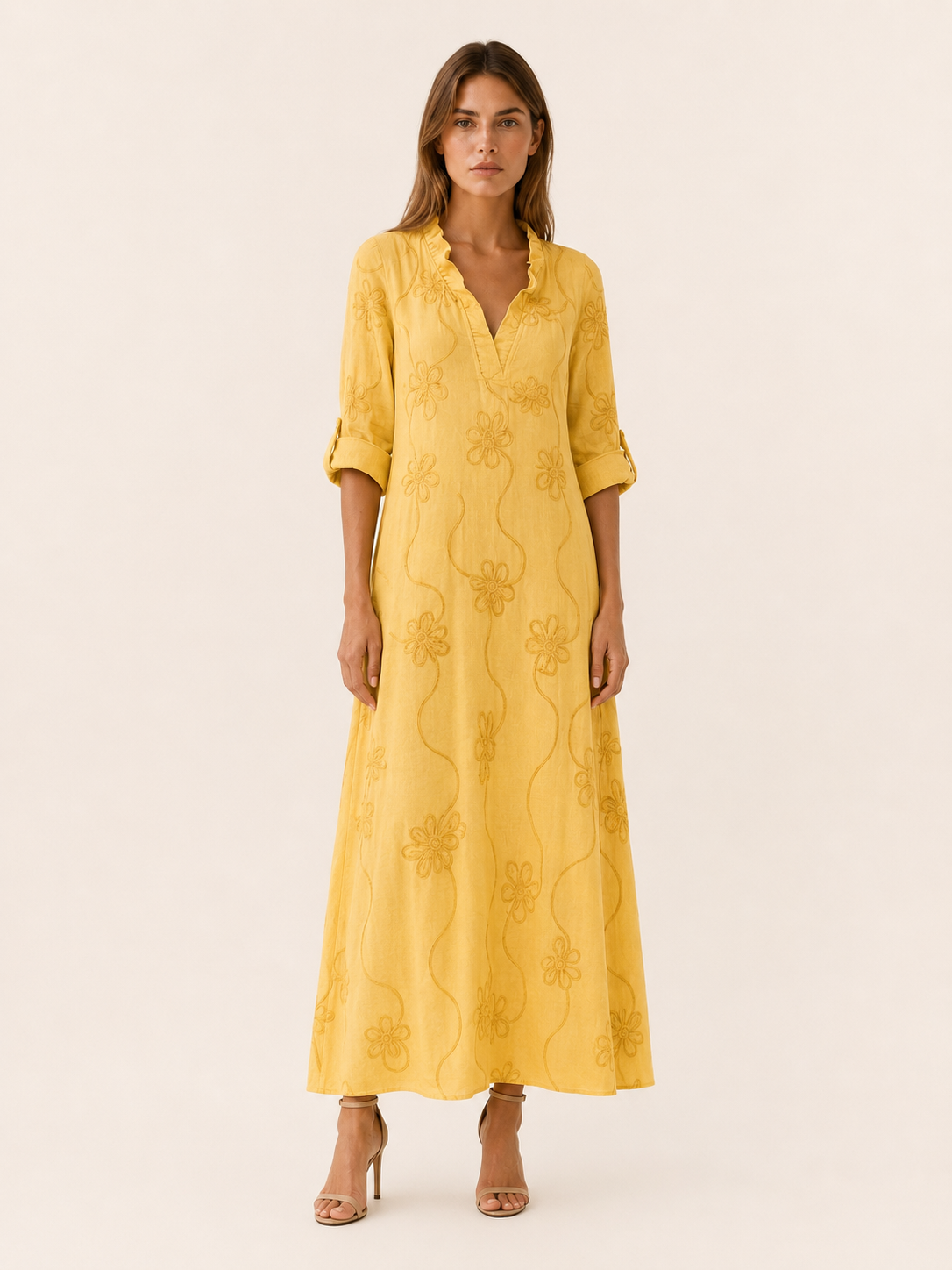 Evelia | Embroidered Maxi Dress with Ruffle Collar