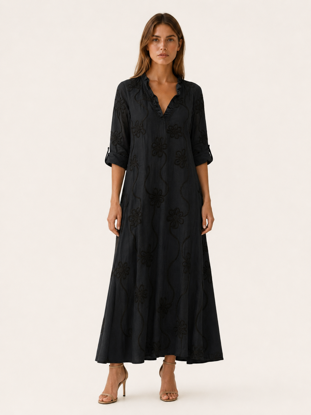Evelia | Embroidered Maxi Dress with Ruffle Collar