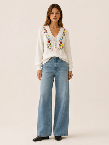 Evrisse | V Neck Sweater with Floral Embroidery and Tie Detail