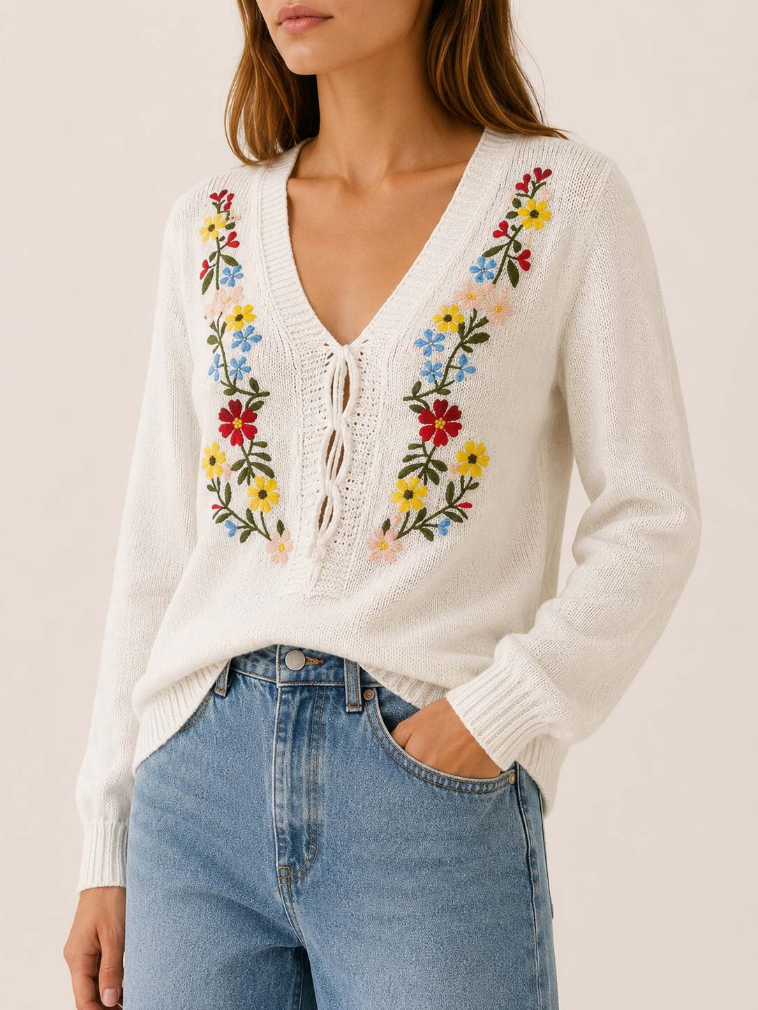 Evrisse | V Neck Sweater with Floral Embroidery and Tie Detail
