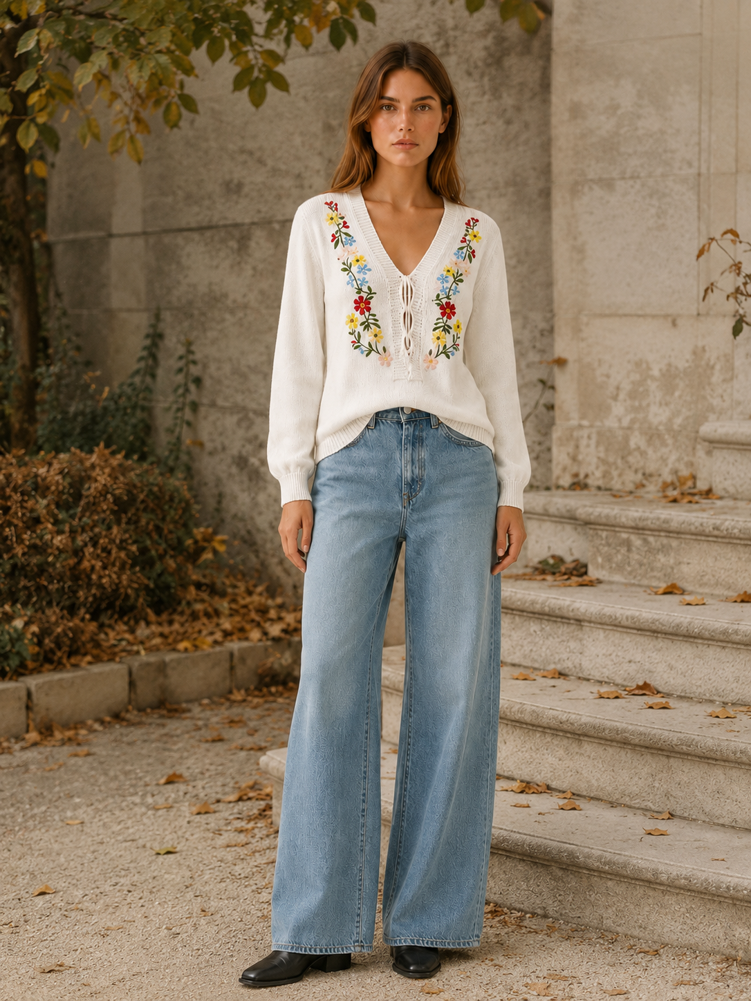 Evrisse | V Neck Sweater with Floral Embroidery and Tie Detail