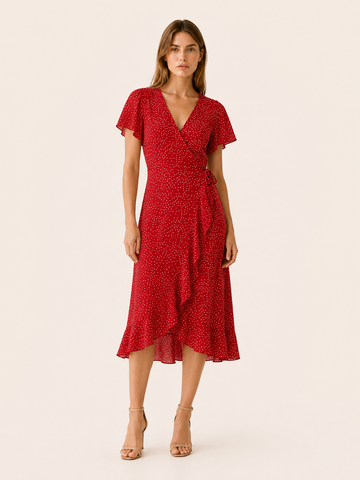 Farah | Polka Dot Wrap Dress with Ruffle Trim
