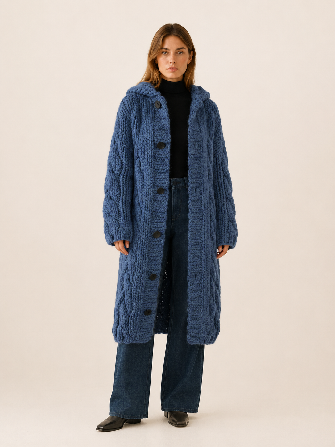 Fervienne | Long Cardigan Sweater with Hood and Button Front