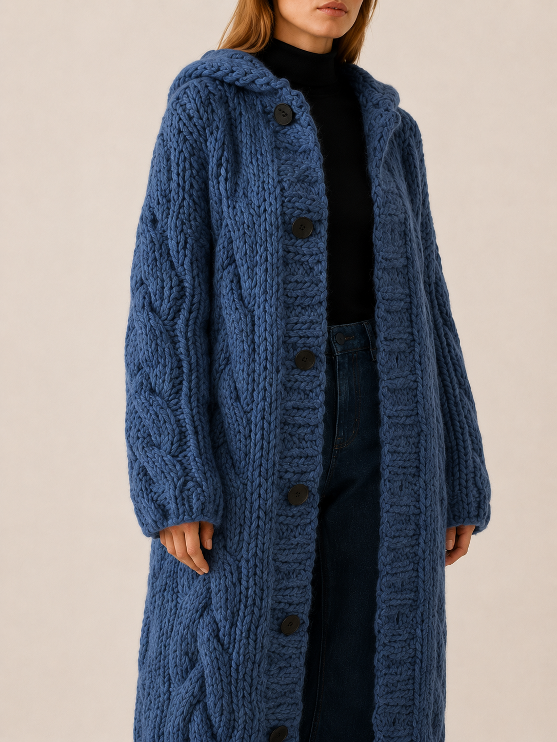 Fervienne | Long Cardigan Sweater with Hood and Button Front