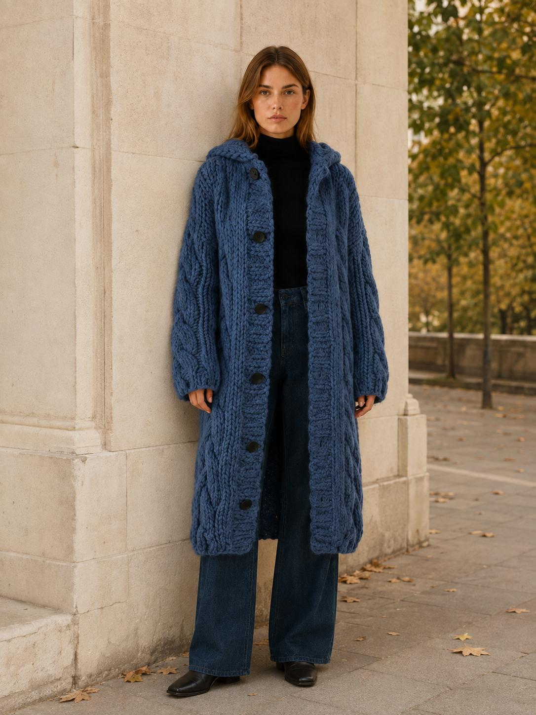 Fervienne | Long Cardigan Sweater with Hood and Button Front
