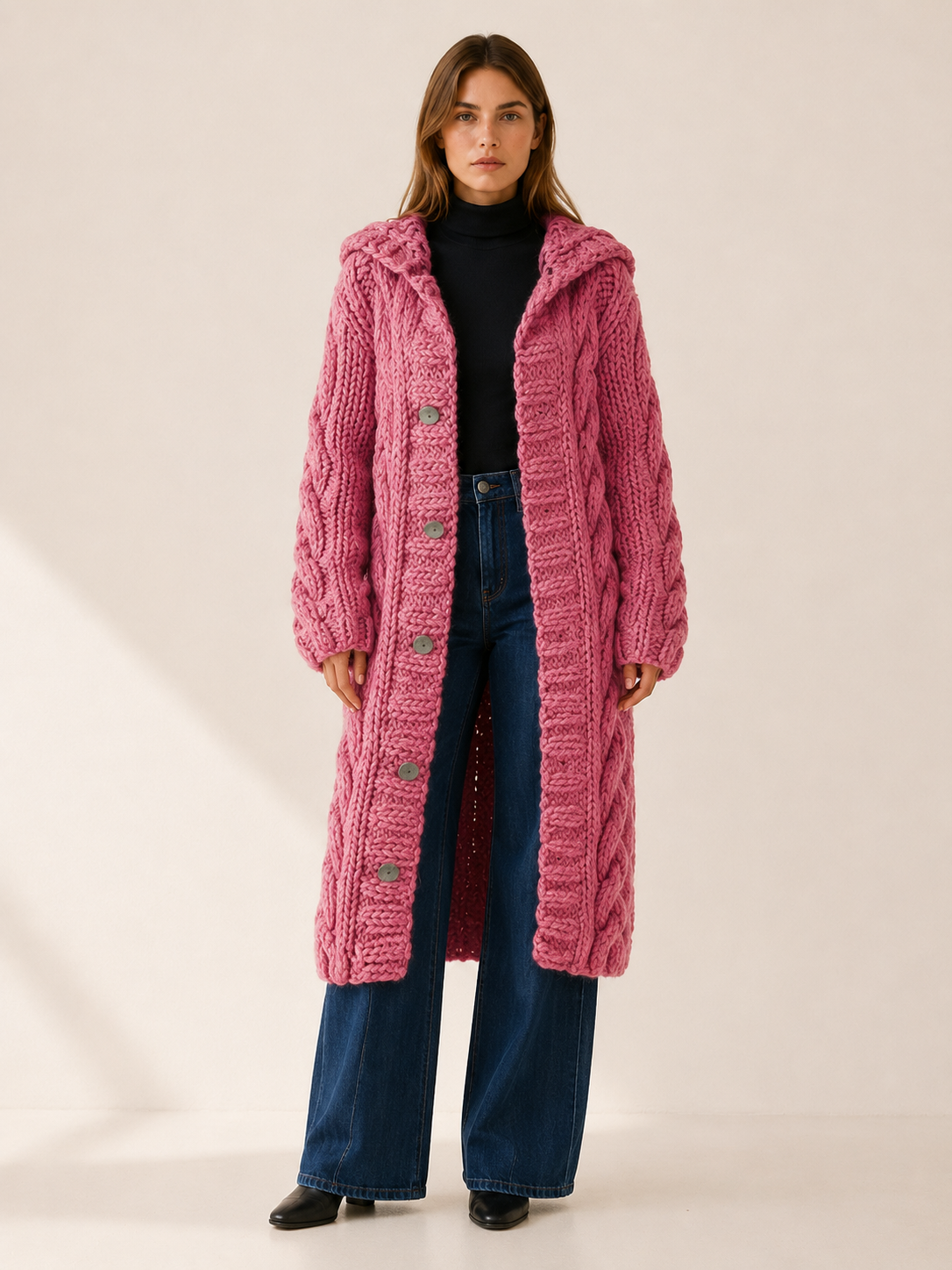 Fervienne | Long Cardigan Sweater with Hood and Button Front
