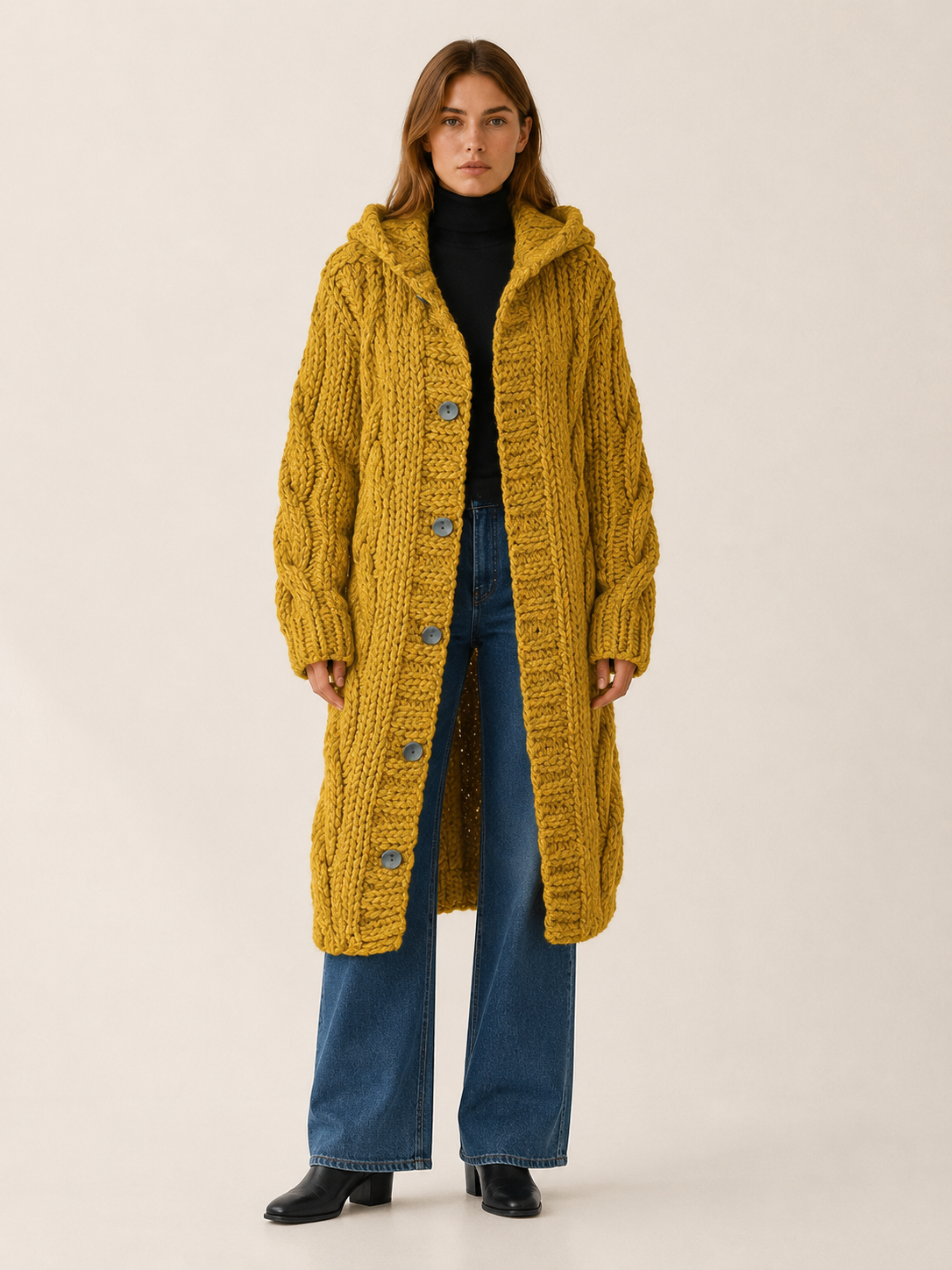 Fervienne | Long Cardigan Sweater with Hood and Button Front