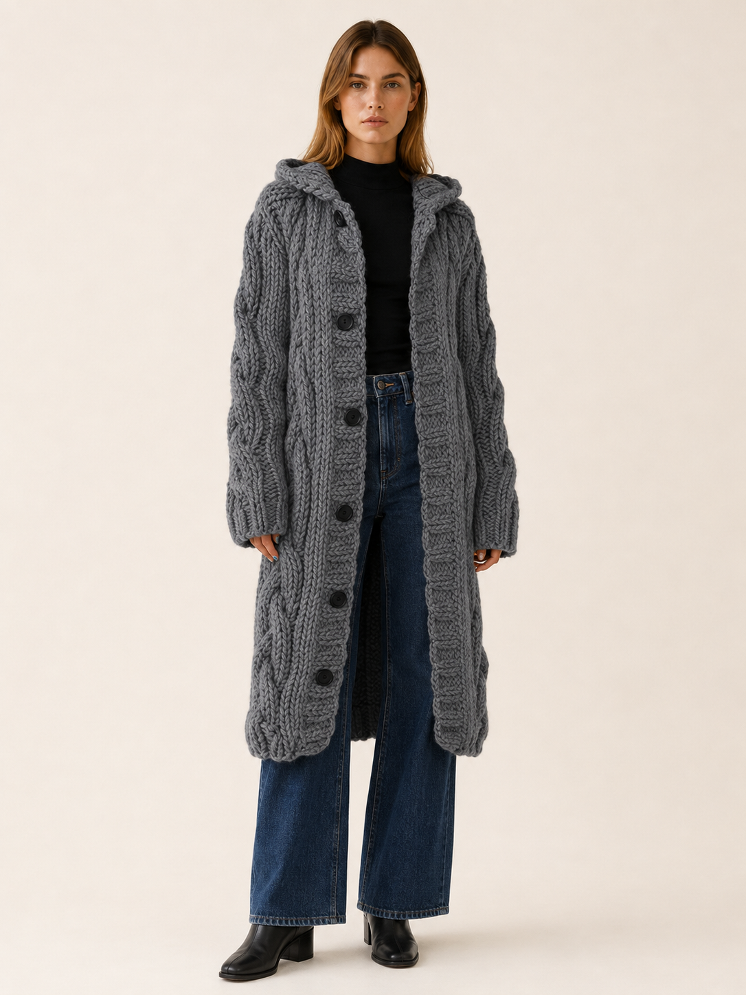Fervienne | Long Cardigan Sweater with Hood and Button Front