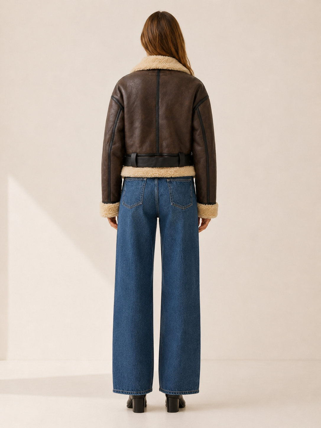 Freya | Cropped Jacket with Aviator Collar and Buckle Belt