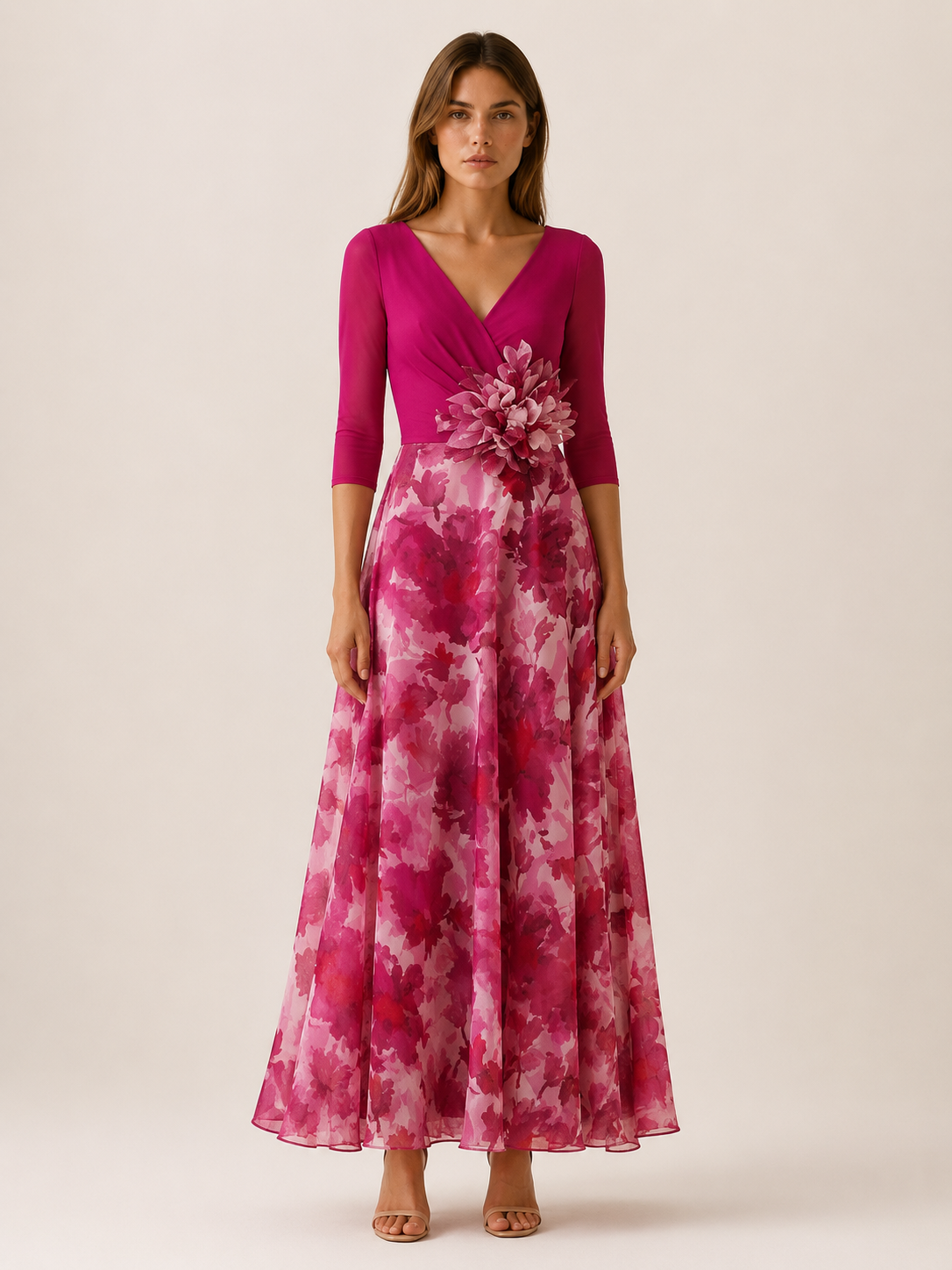 Garnet | Floral Chiffon Maxi Dress with V Neck Spring Dress