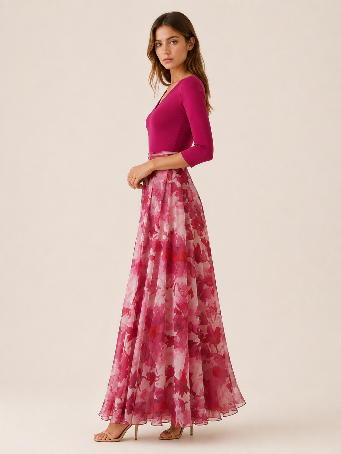 Garnet | Floral Chiffon Maxi Dress with V Neck Spring Dress