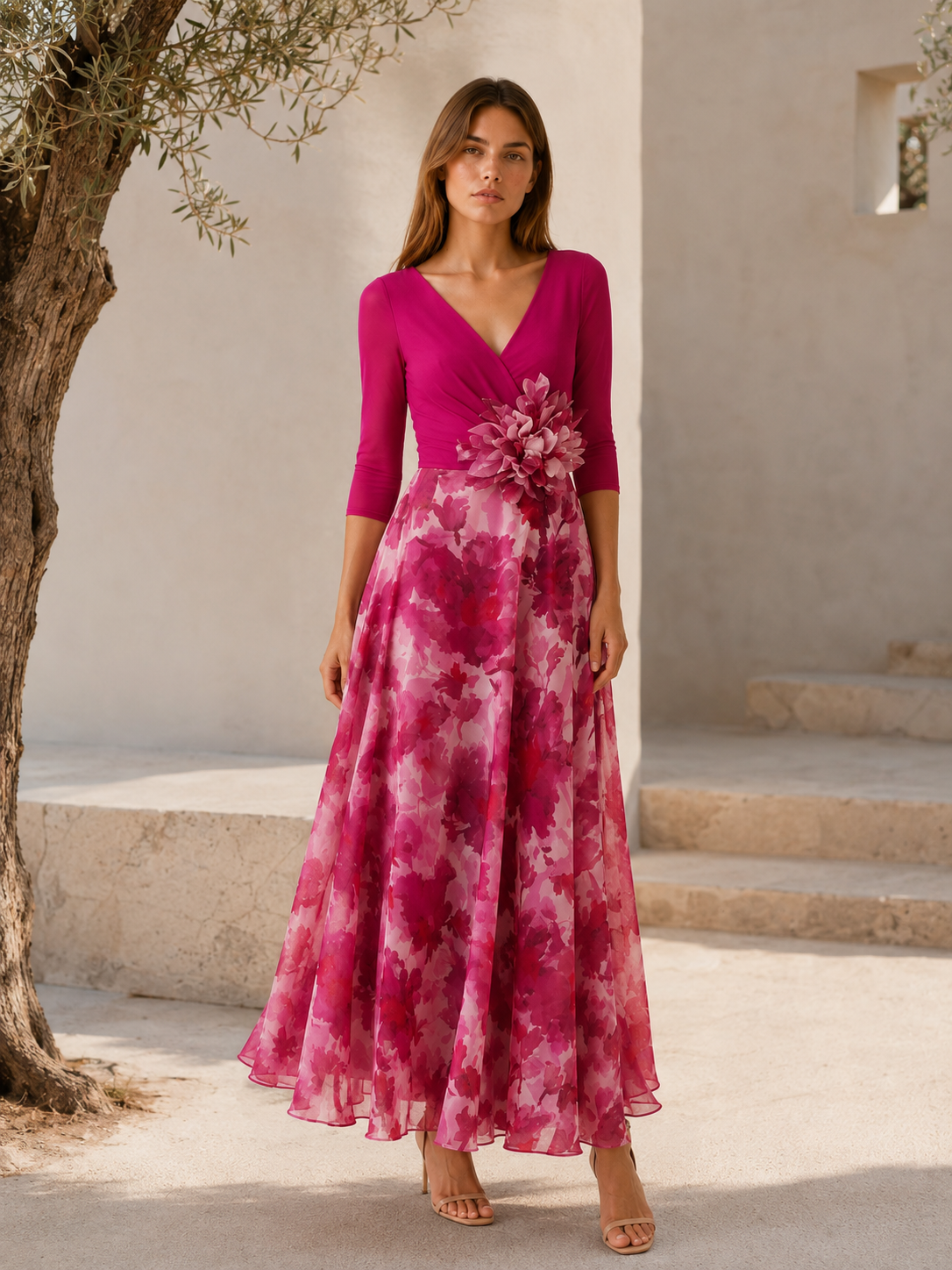 Garnet | Floral Chiffon Maxi Dress with V Neck Spring Dress