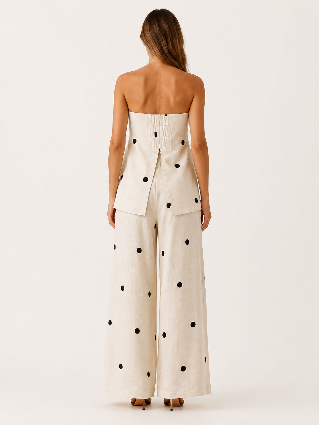 Harlyn | Polka Dot Co-Ord Set with Strapless Top Wide Leg Trousers
