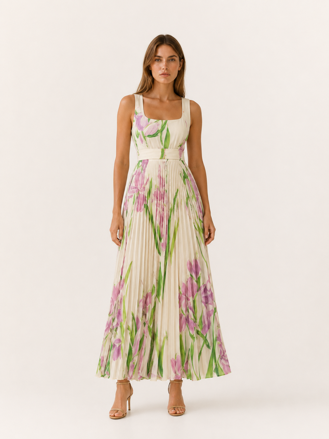 Harper | Pleated Floral Maxi Dress with Square Neck Garden Print