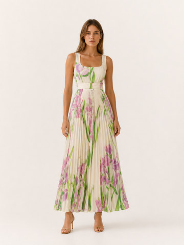 Harper | Pleated Floral Maxi Dress with Square Neck Garden Print