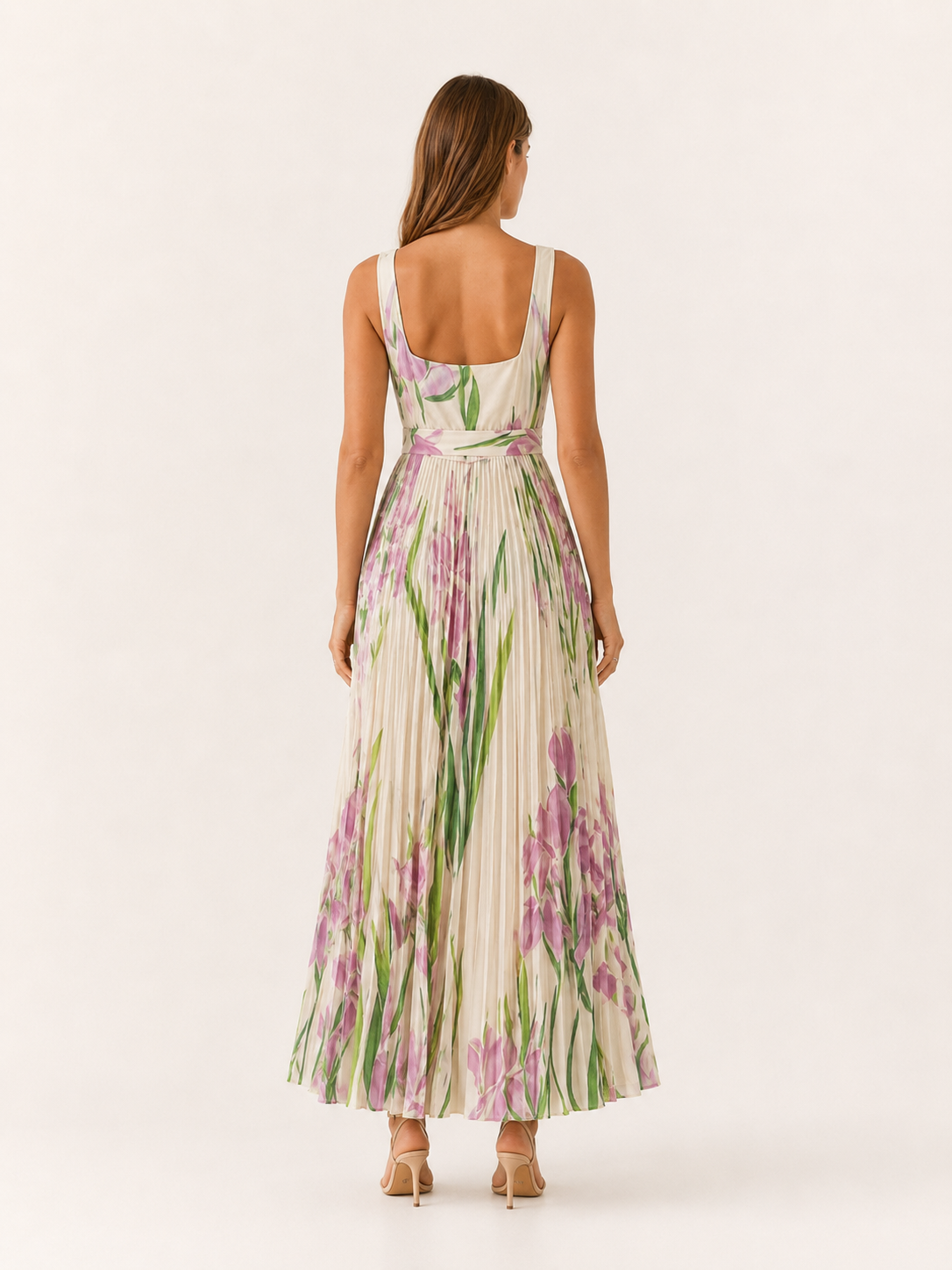 Harper | Pleated Floral Maxi Dress with Square Neck Garden Print