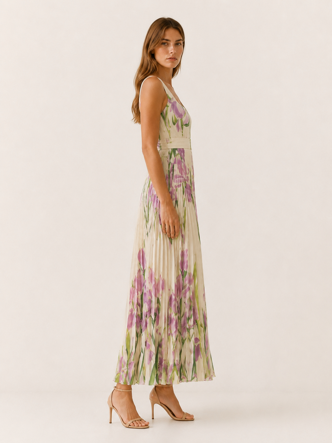 Harper | Pleated Floral Maxi Dress with Square Neck Garden Print