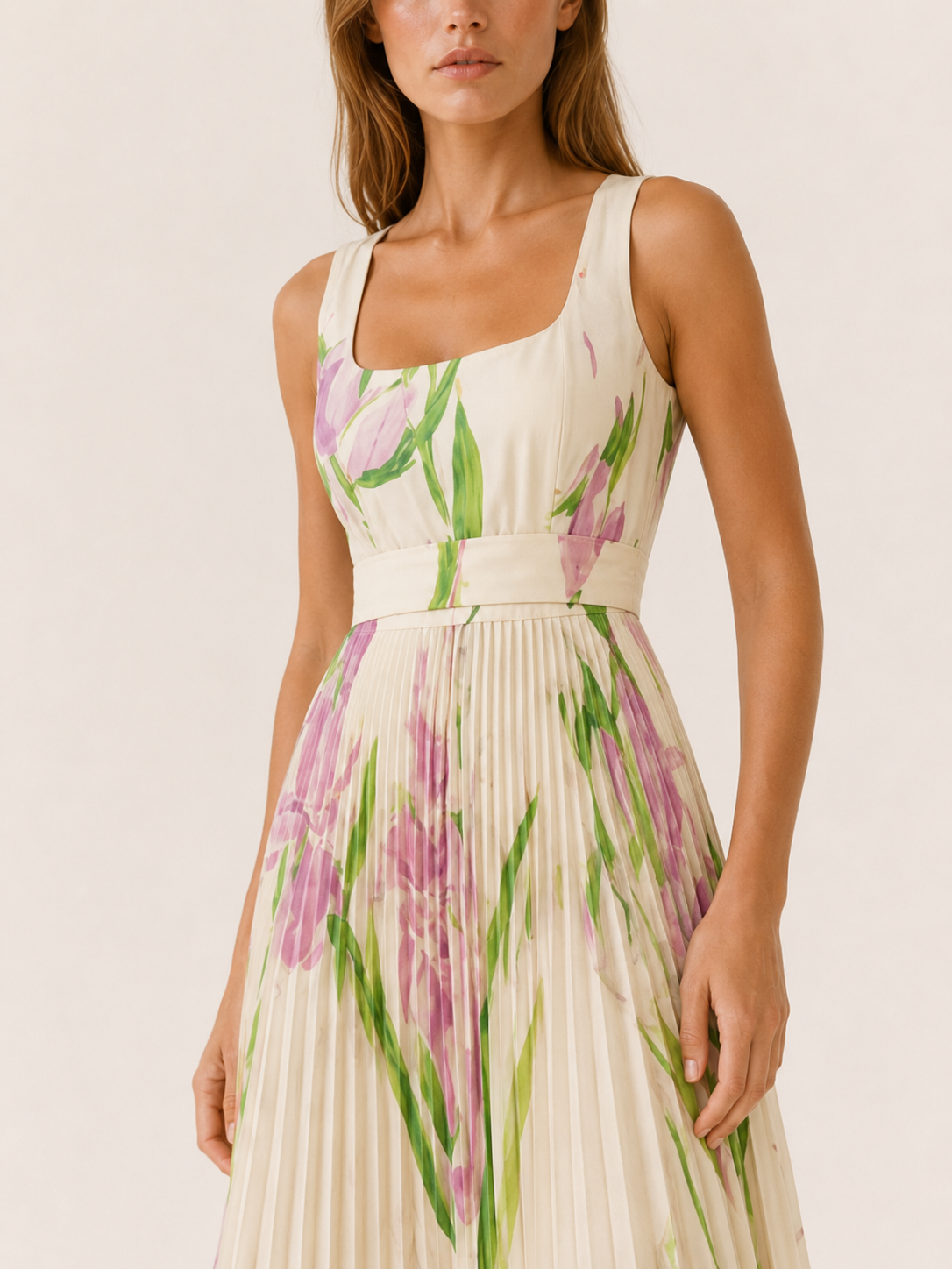 Harper | Pleated Floral Maxi Dress with Square Neck Garden Print