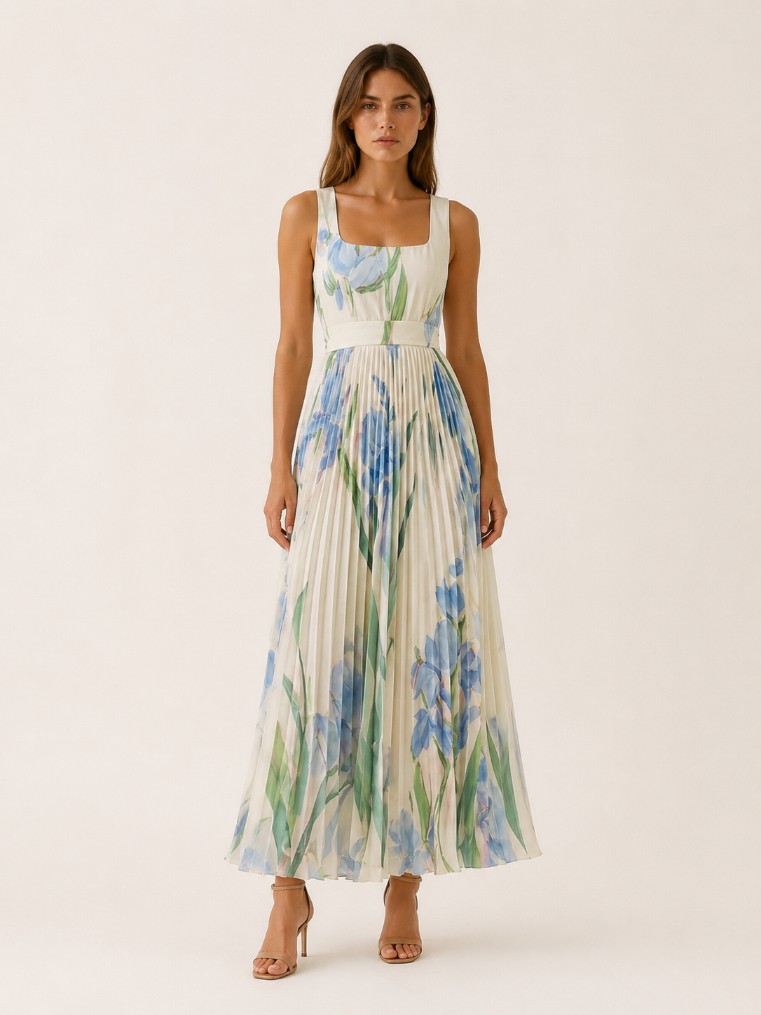 Harper | Pleated Floral Maxi Dress with Square Neck Garden Print