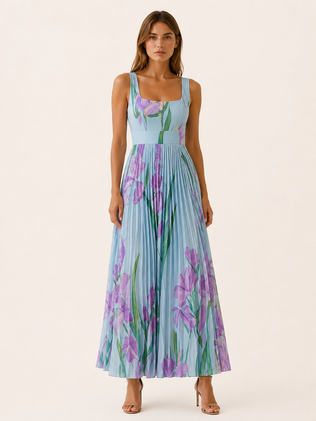 Harper | Pleated Floral Maxi Dress with Square Neck Garden Print