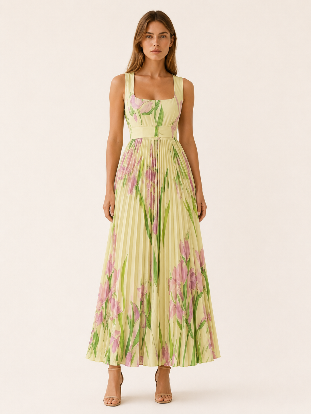 Harper | Pleated Floral Maxi Dress with Square Neck Garden Print