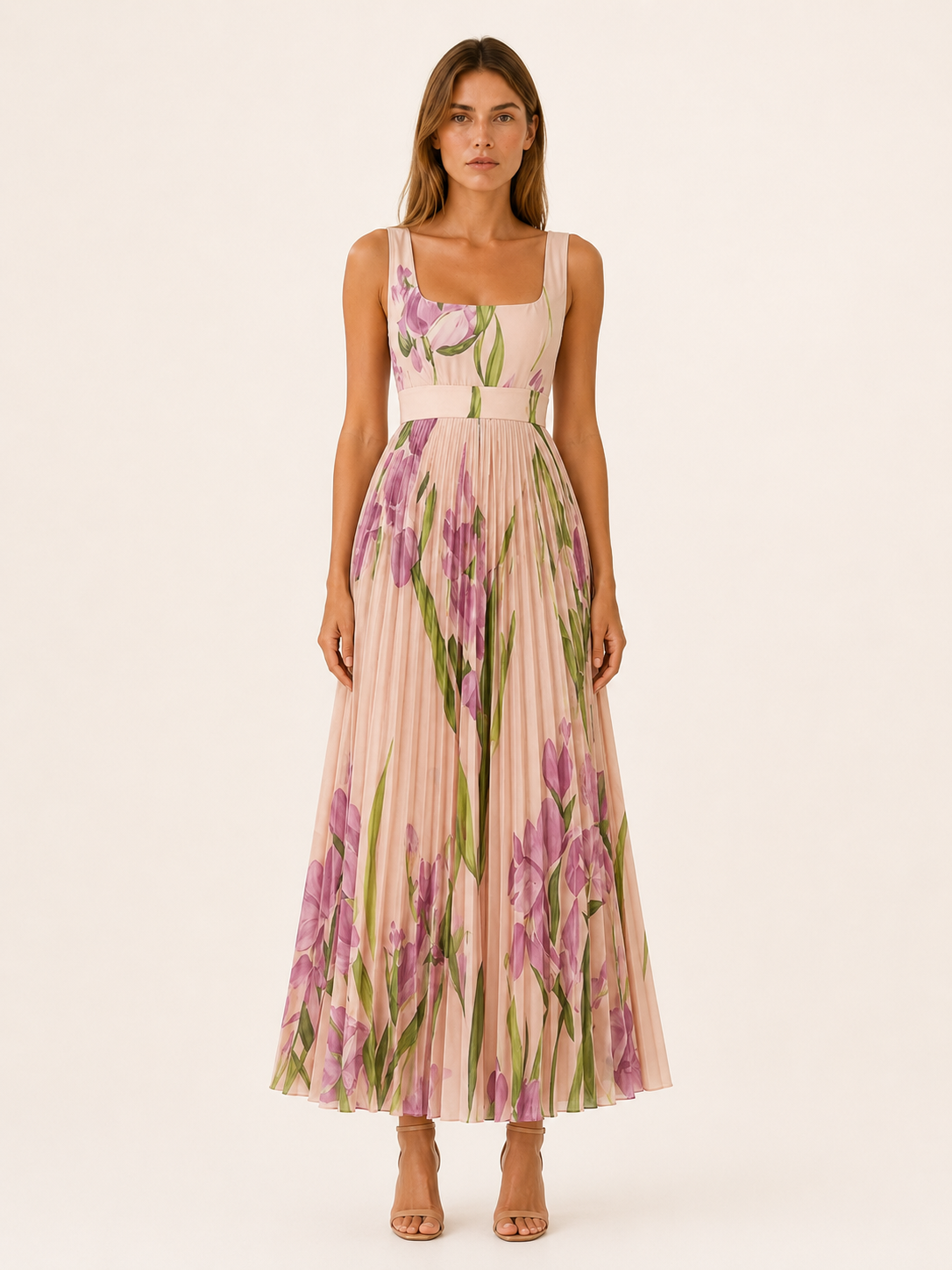Harper | Pleated Floral Maxi Dress with Square Neck Garden Print