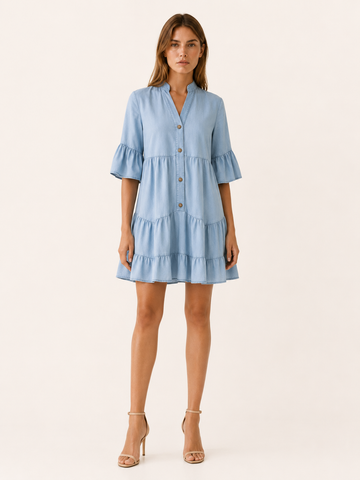 Haven | Denim Mini Dress with Tiered Ruffle Button-Down Detail