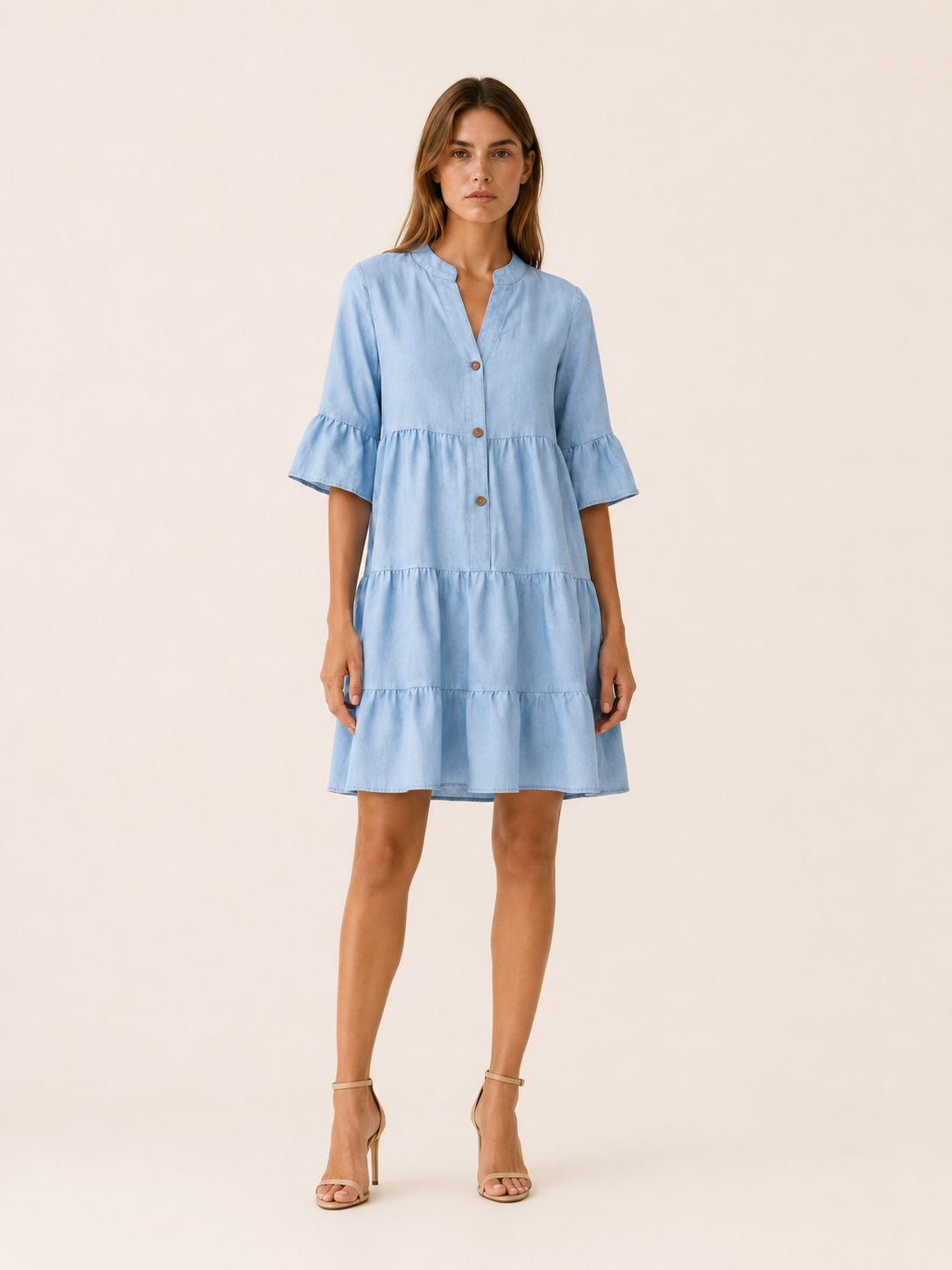 Haven | Denim Mini Dress with Tiered Ruffle Button-Down Detail