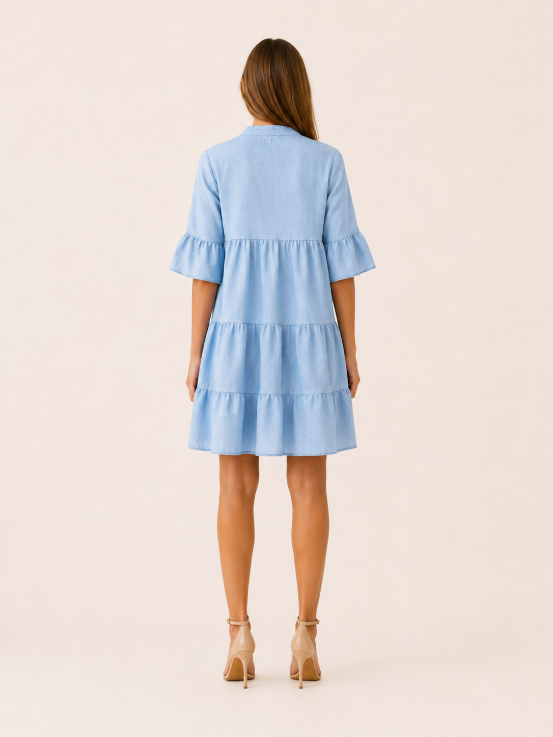 Haven | Denim Mini Dress with Tiered Ruffle Button-Down Detail
