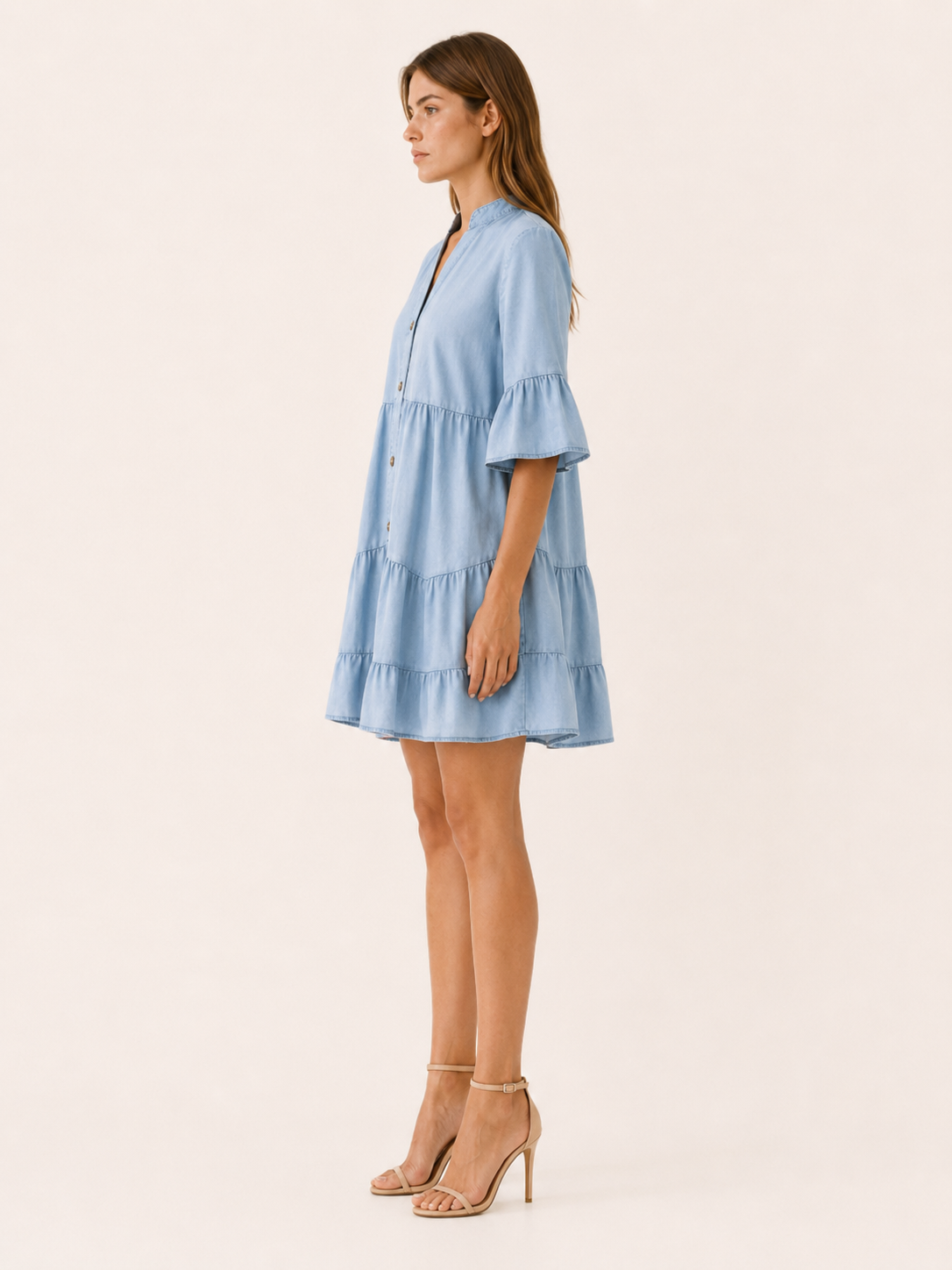 Haven | Denim Mini Dress with Tiered Ruffle Button-Down Detail