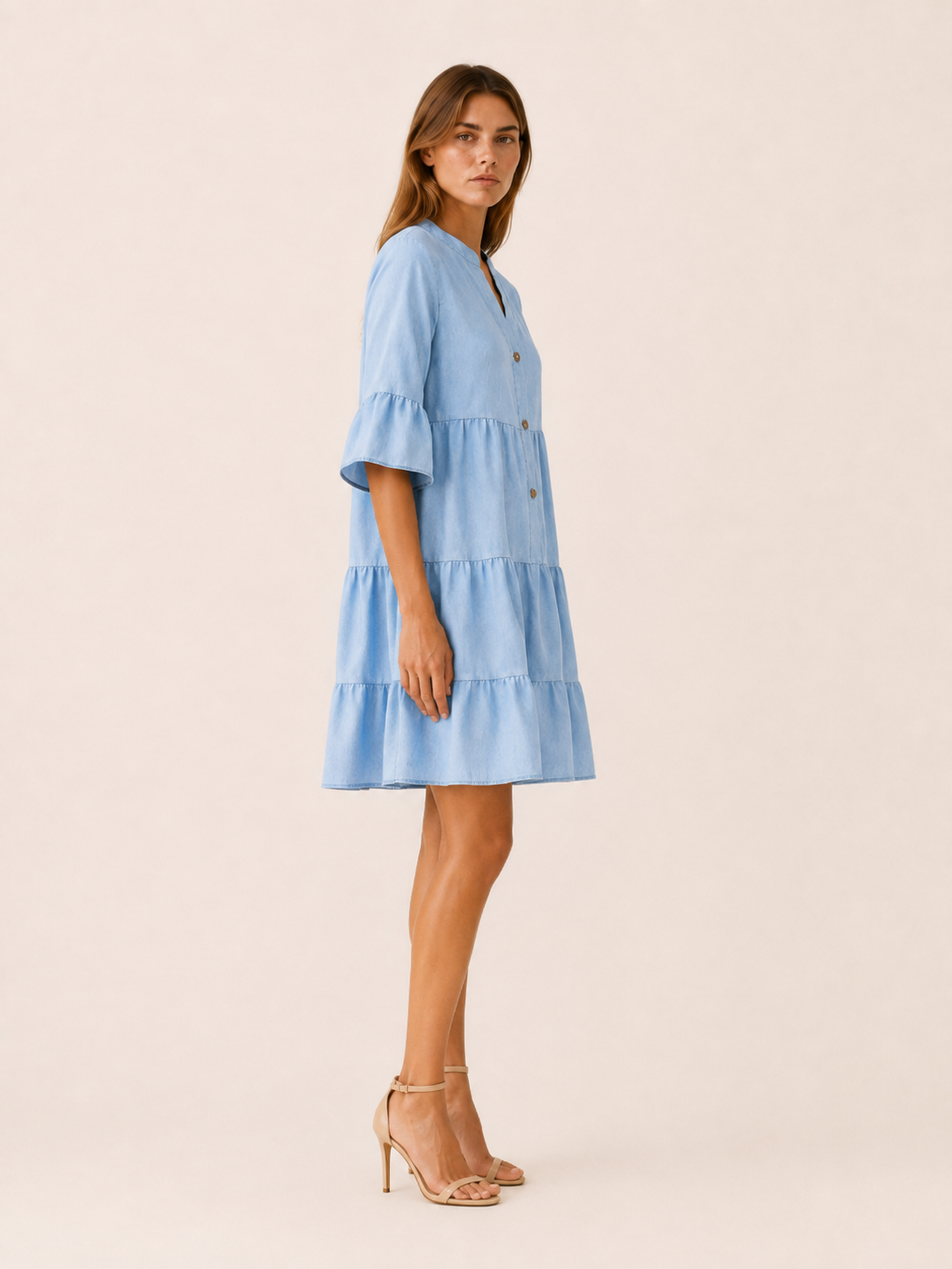 Haven | Denim Mini Dress with Tiered Ruffle Button-Down Detail