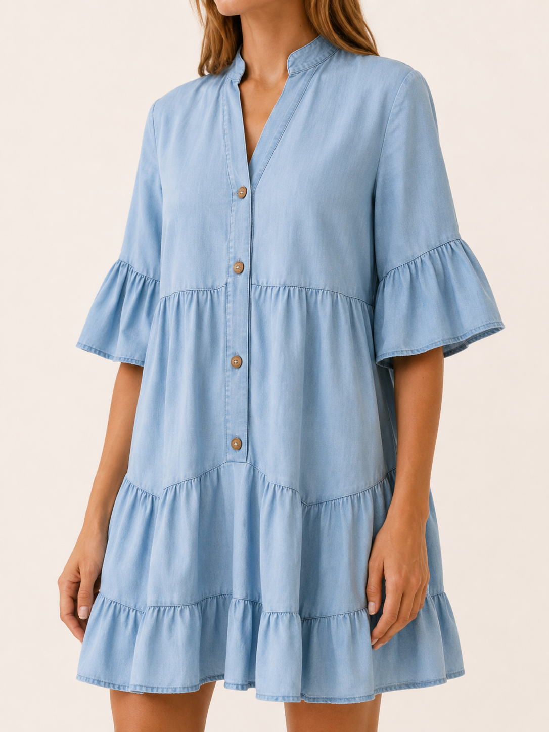 Haven | Denim Mini Dress with Tiered Ruffle Button-Down Detail