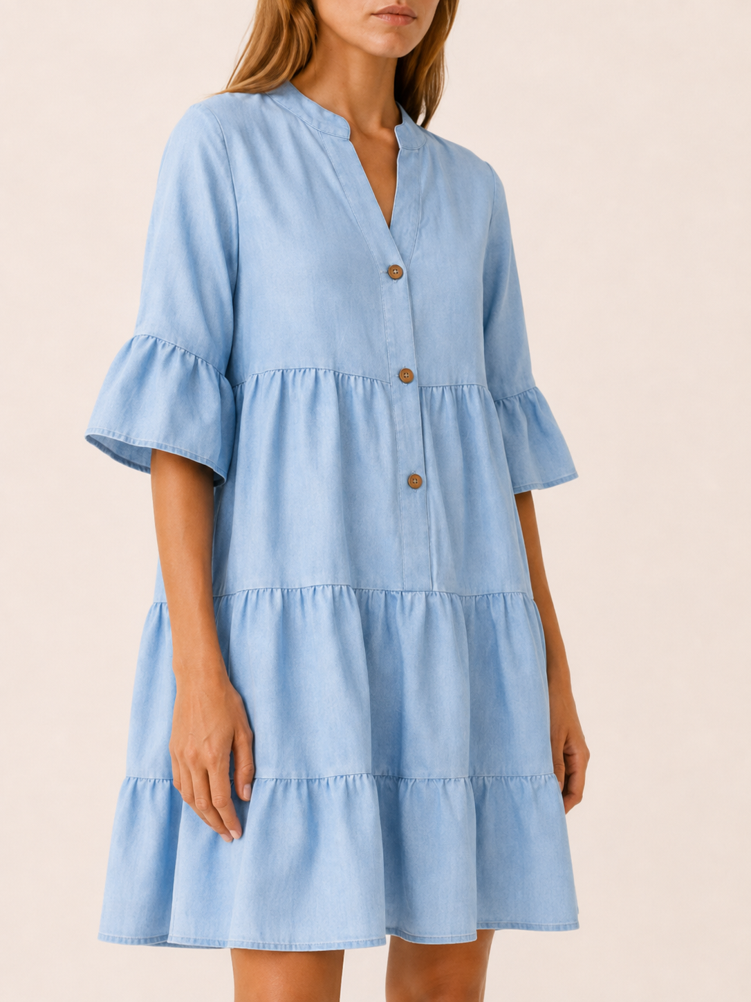 Haven | Denim Mini Dress with Tiered Ruffle Button-Down Detail