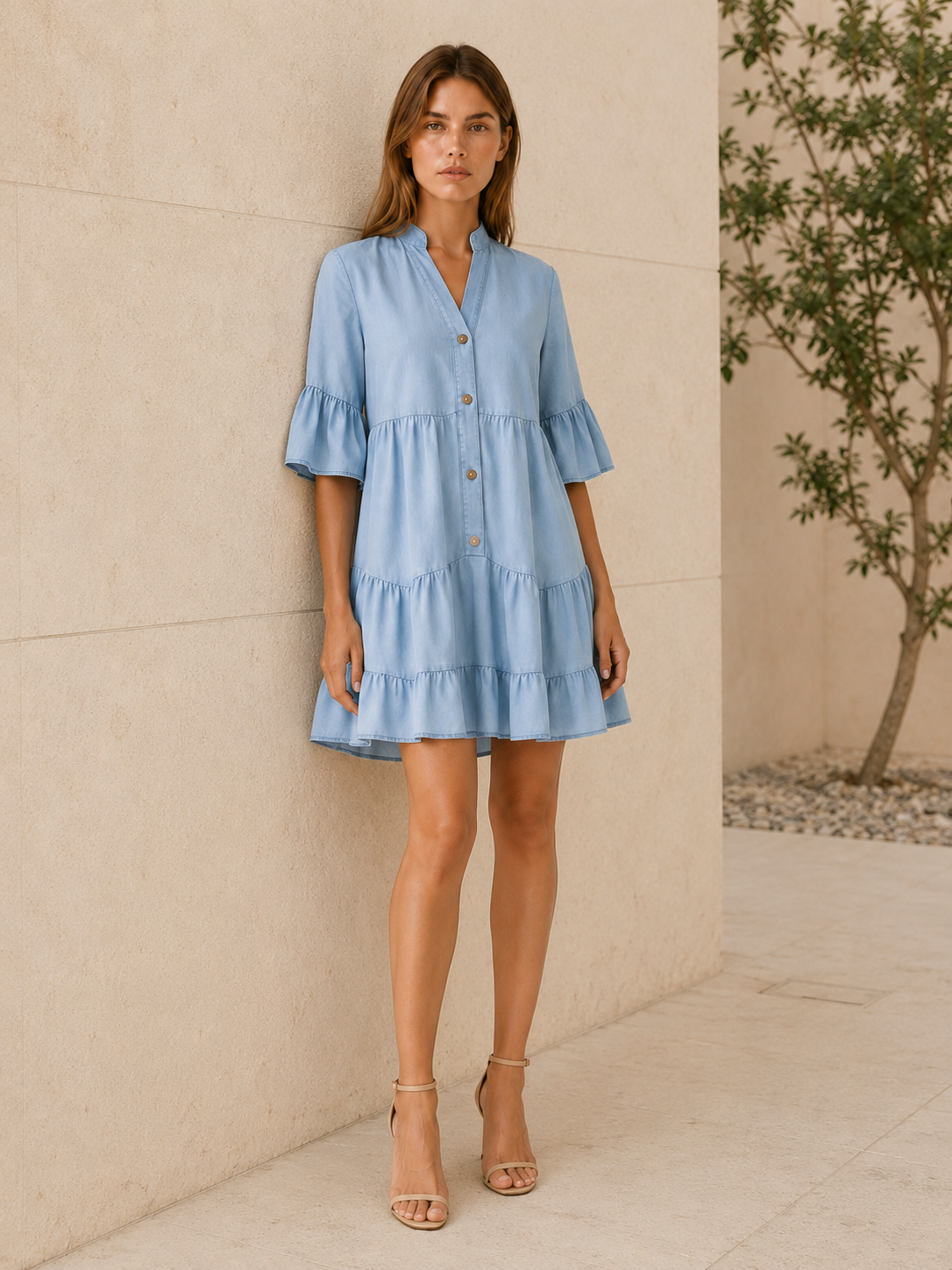 Haven | Denim Mini Dress with Tiered Ruffle Button-Down Detail