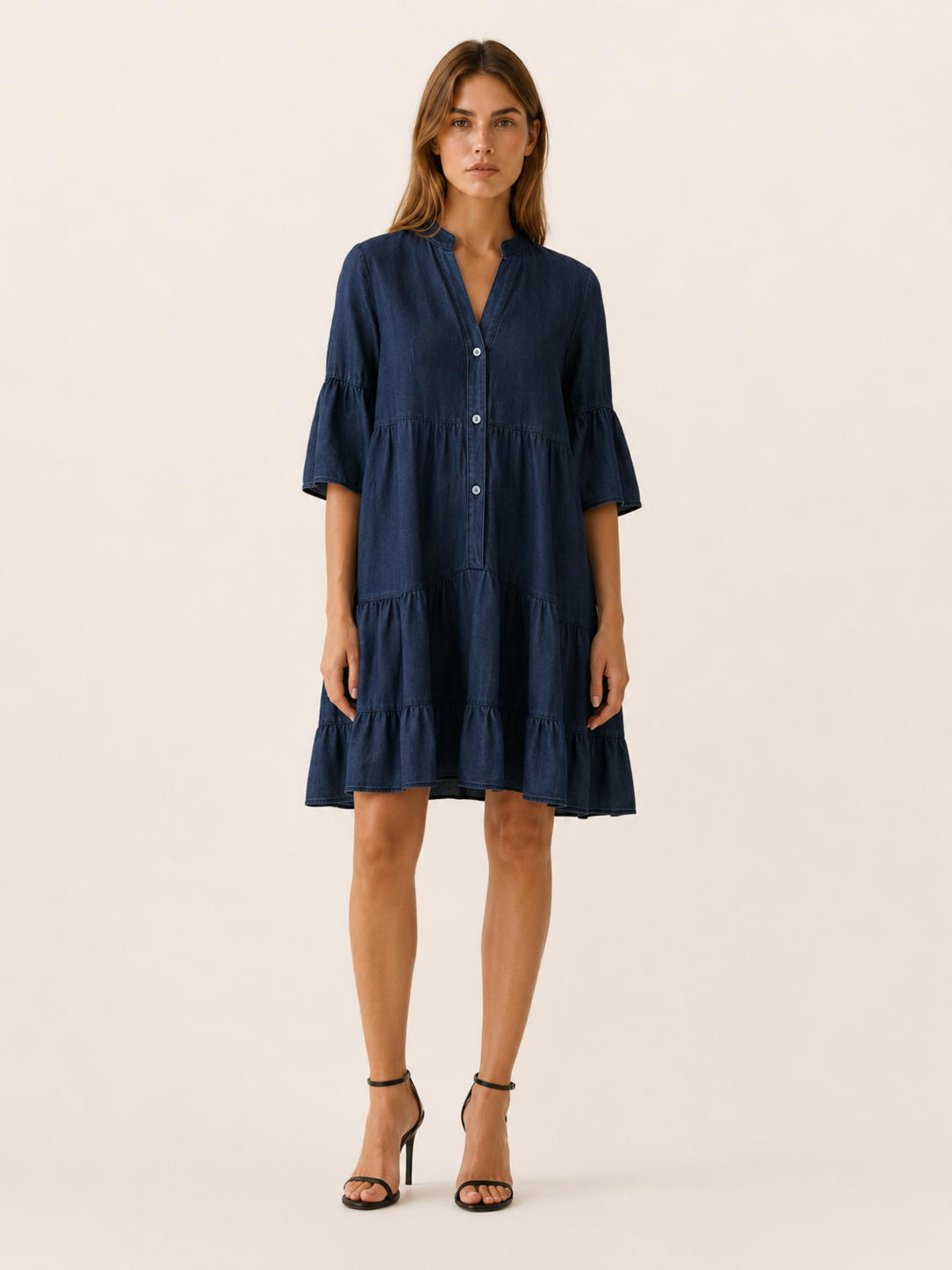 Haven | Denim Mini Dress with Tiered Ruffle Button-Down Detail