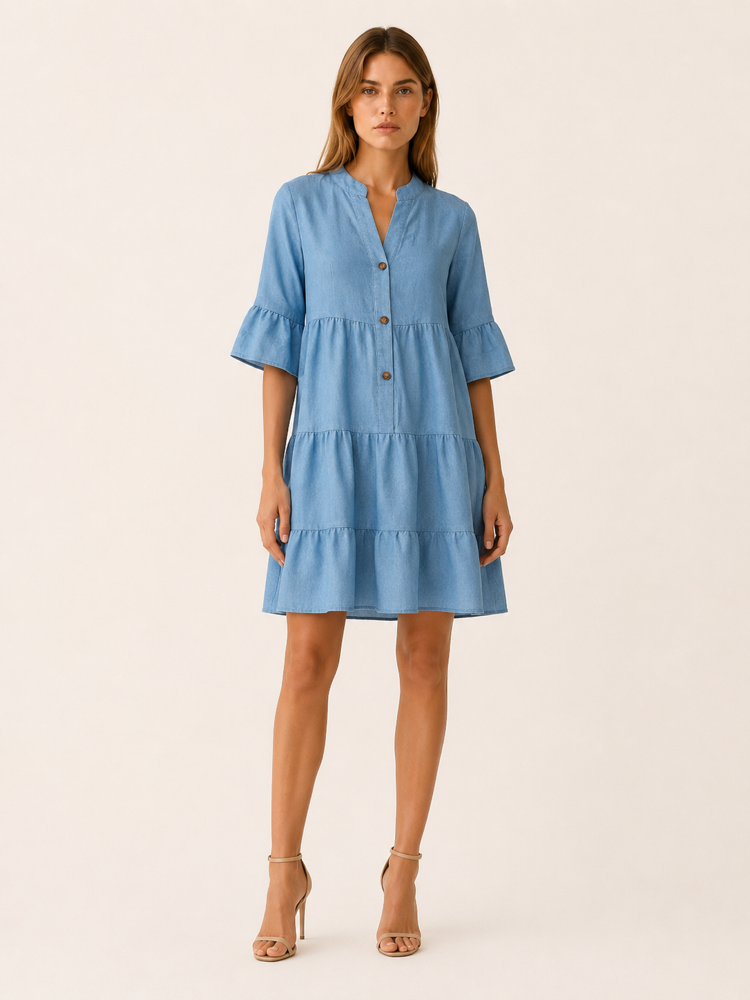 Haven | Denim Mini Dress with Tiered Ruffle Button-Down Detail