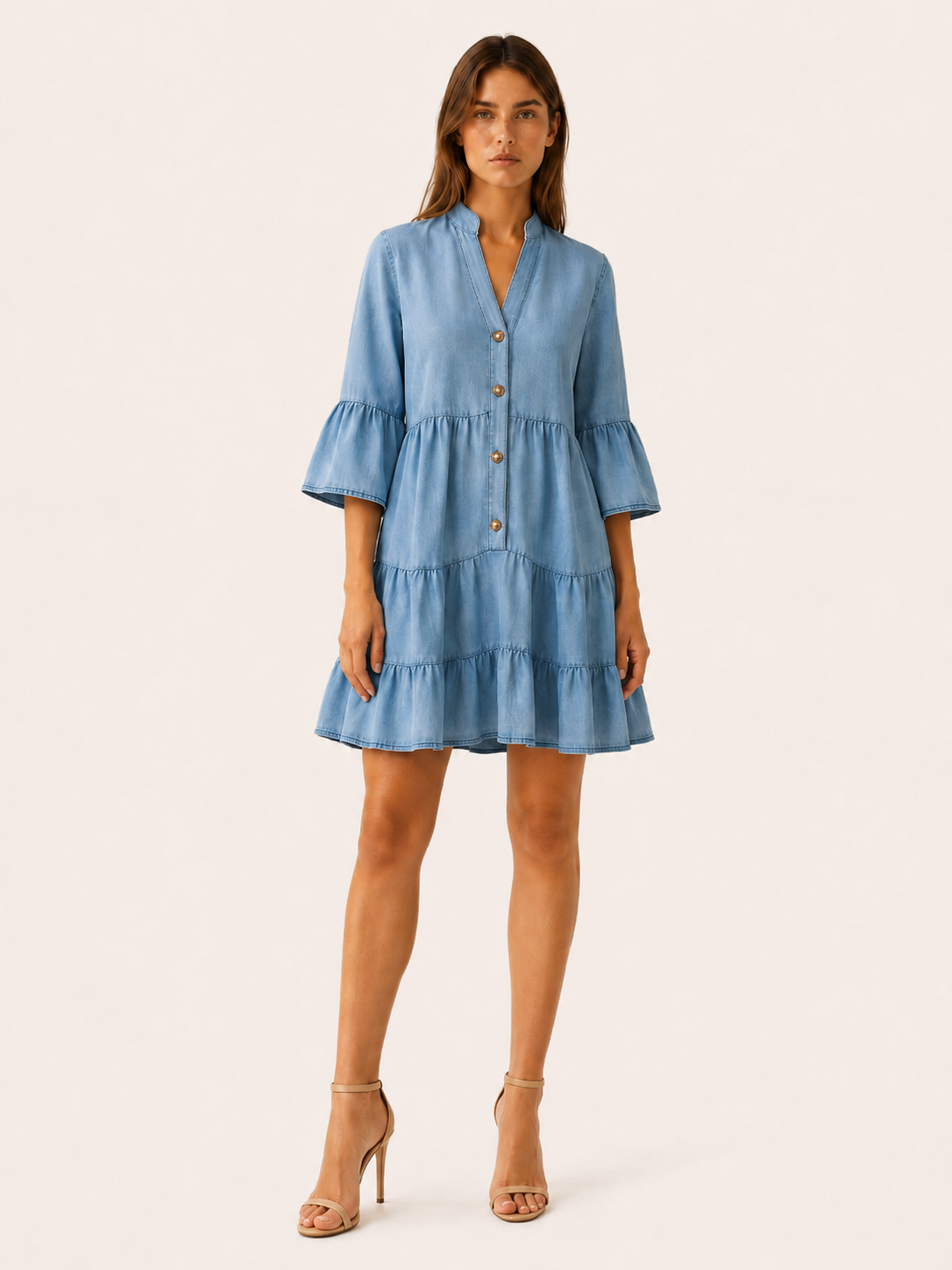 Haven | Denim Mini Dress with Tiered Ruffle Button-Down Detail