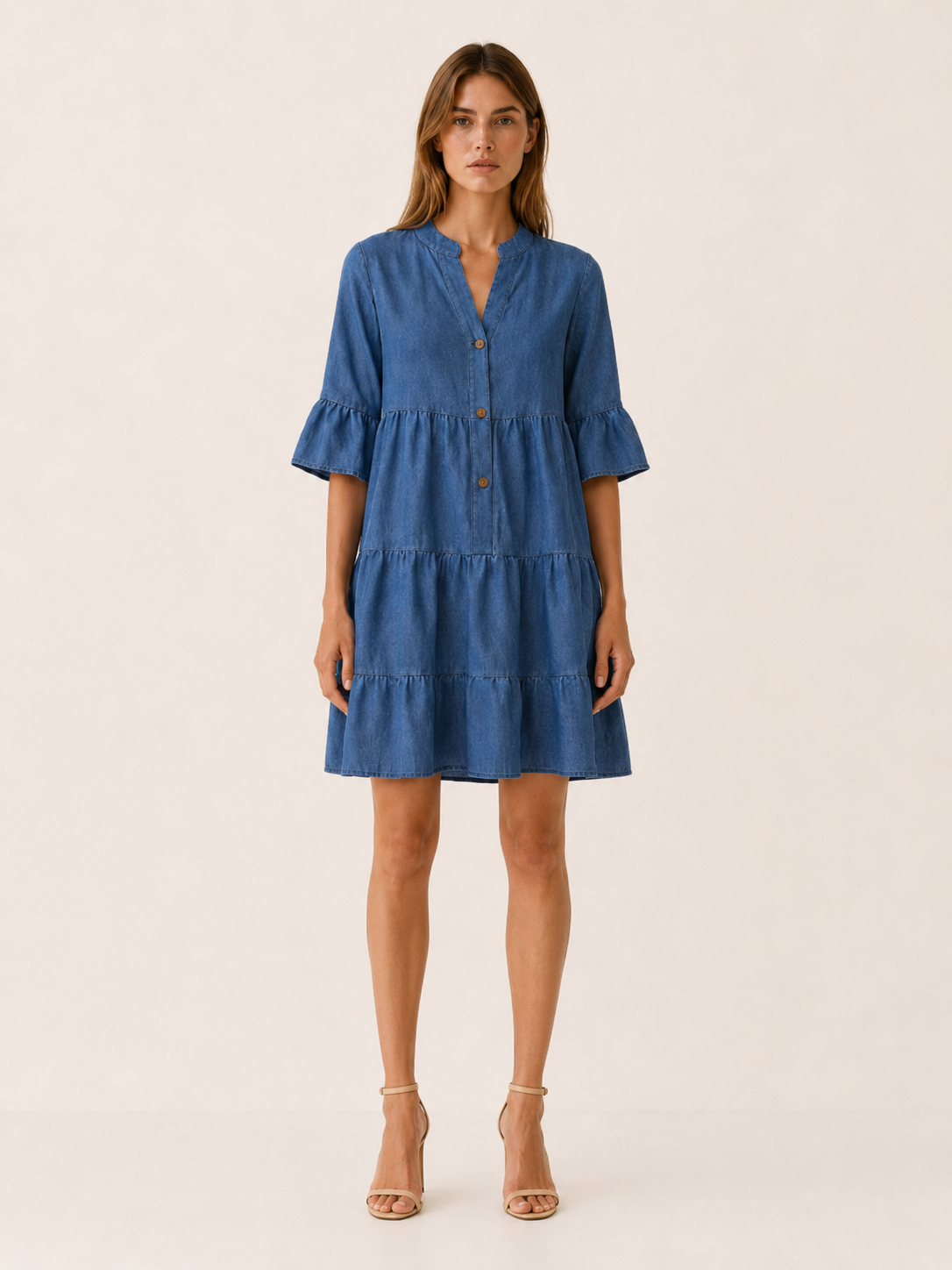 Haven | Denim Mini Dress with Tiered Ruffle Button-Down Detail