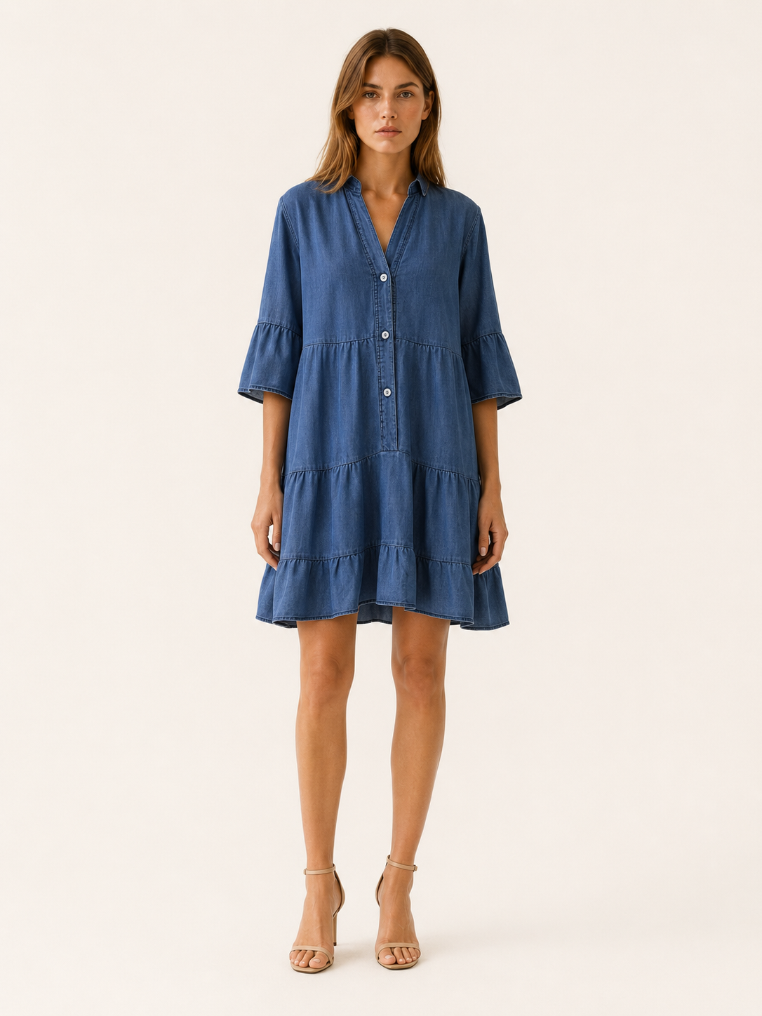 Haven | Denim Mini Dress with Tiered Ruffle Button-Down Detail
