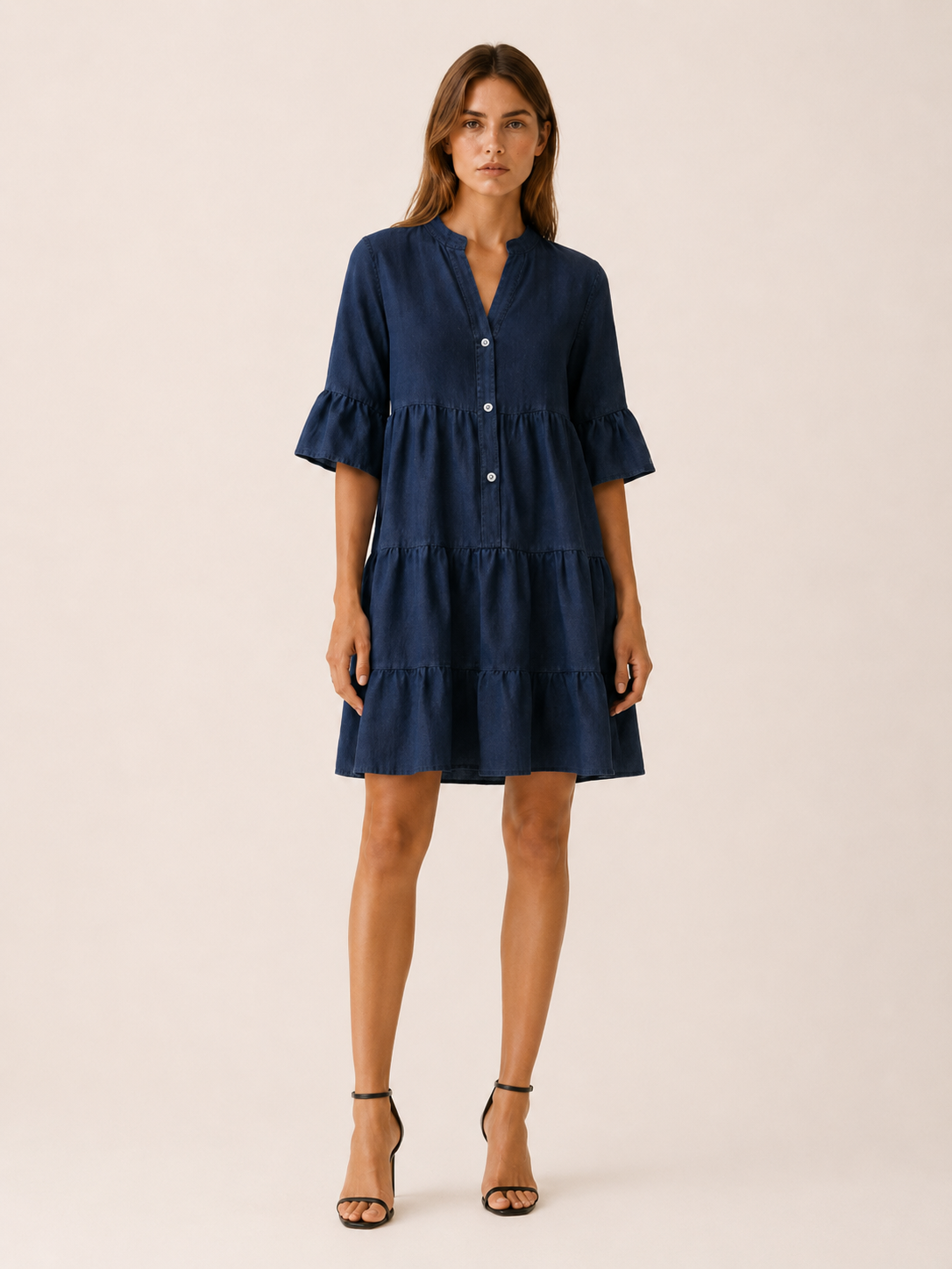 Haven | Denim Mini Dress with Tiered Ruffle Button-Down Detail