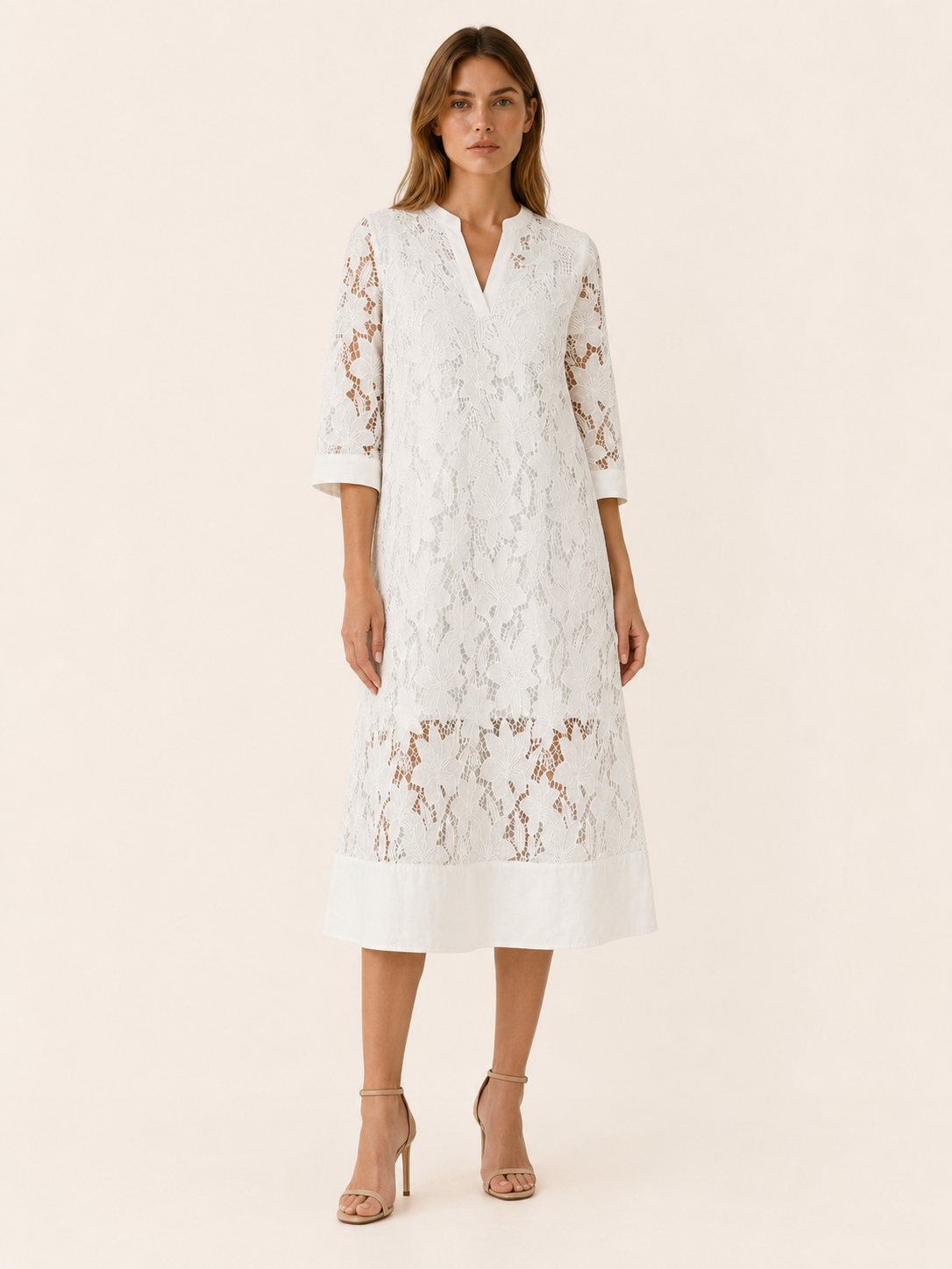 Holland | Embroidered Midi Dress with Lace Detail Relaxed Fit  Description: