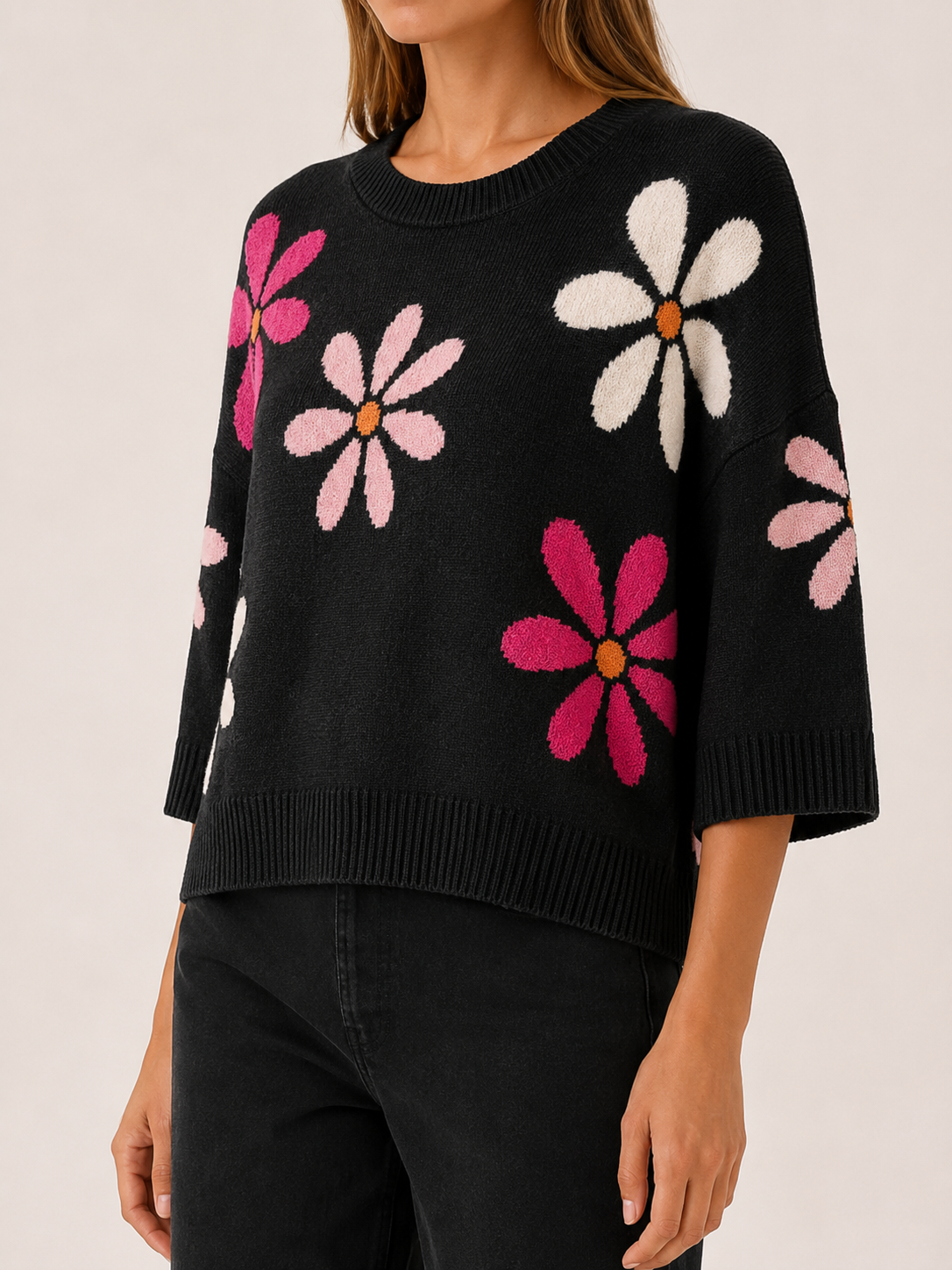 Ianthe | Cropped Jumper with Floral Pattern and Round Neck