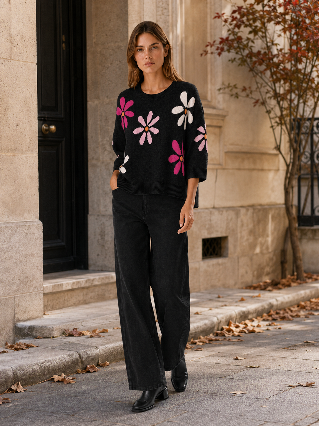 Ianthe | Cropped Jumper with Floral Pattern and Round Neck