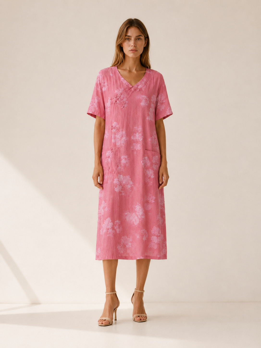 Isla | Linen Blend Top with Print Button Detail